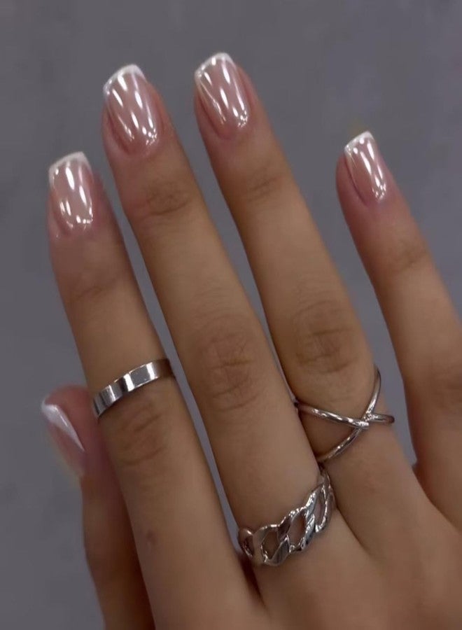 OSTTMA 24Pcs French Tip Press on Nails Short Square Fake Nails Pearl Shine False Nail Glossy Glitter Acrylic Nail Full Cover Glue Stick on Nails French Tips Artificial Fingernails for Women - Image 1